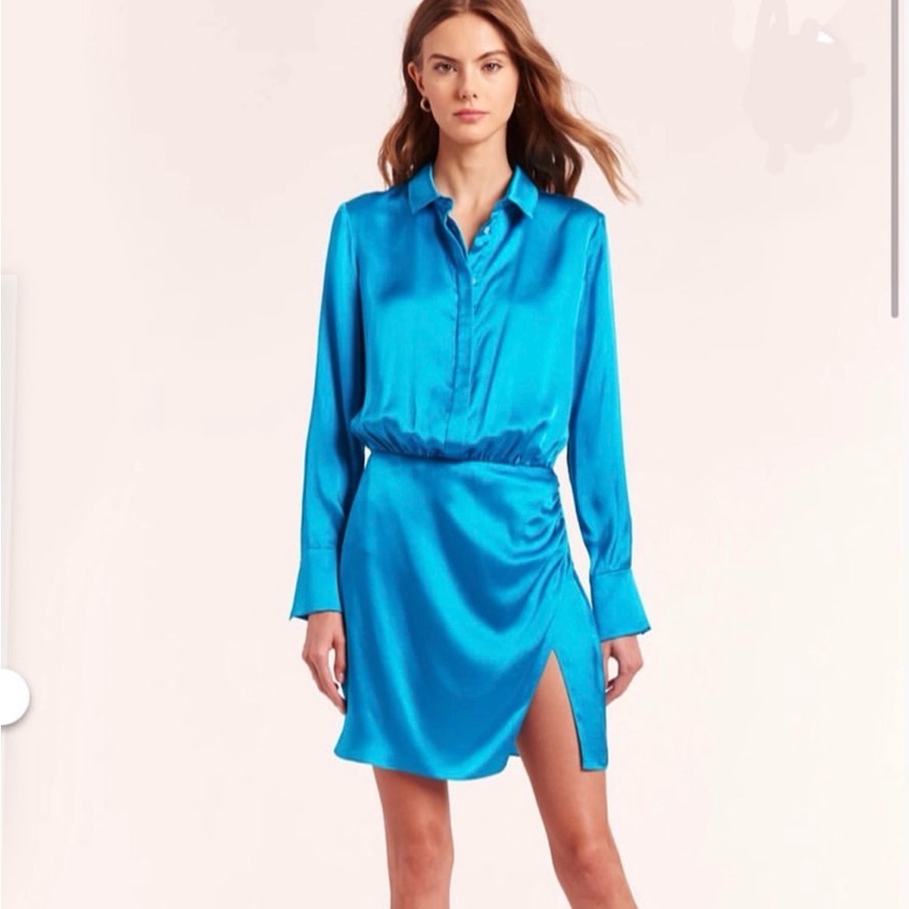 Amanda Uprichard Satin Mini Shirt Dress in Turquoise Blue
